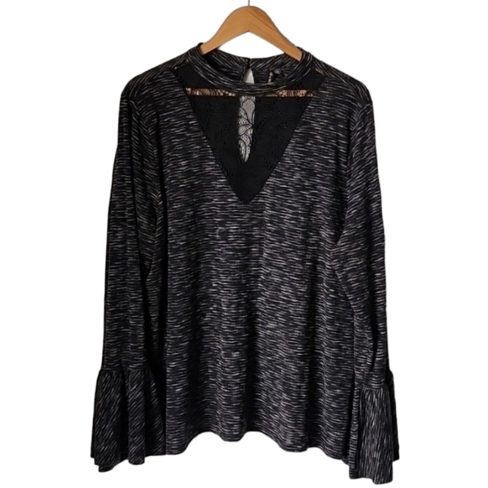 Heathered Black Lace Top 2X Bell Sleeve Knit Tunic Plus Size Feminine Flowy - Picture 5 of 16